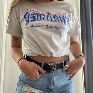 grey/blue/red thrasher tee